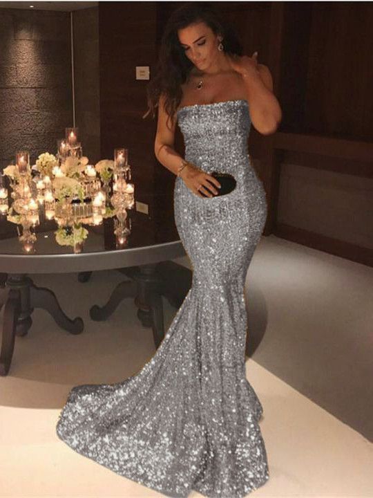 Elegante vestido de fiesta de noche largo sin tirantes con lentejuelas y sirena