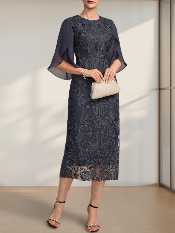 Etui-Linie/Säule U-Ausschnitt Wadenlang Spitze Chiffon Kleid für die Brautmutter