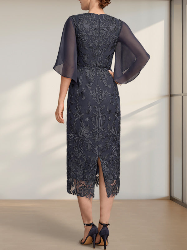 Etui-Linie/Säule U-Ausschnitt Wadenlang Spitze Chiffon Kleid für die Brautmutter