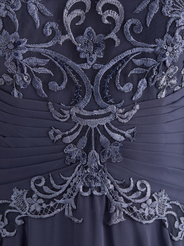 Vestido de gasa de encaje con escote en A y ilusión hasta el suelo para madre de la novia con lentejuelas plisadas