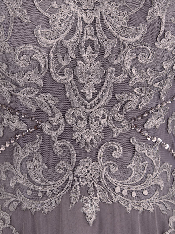 A-Linie, U-Boot-Ausschnitt, Illusion, asymmetrisch, Chiffon, Spitze, Kleid für die Brautmutter mit Pailletten und Perlen