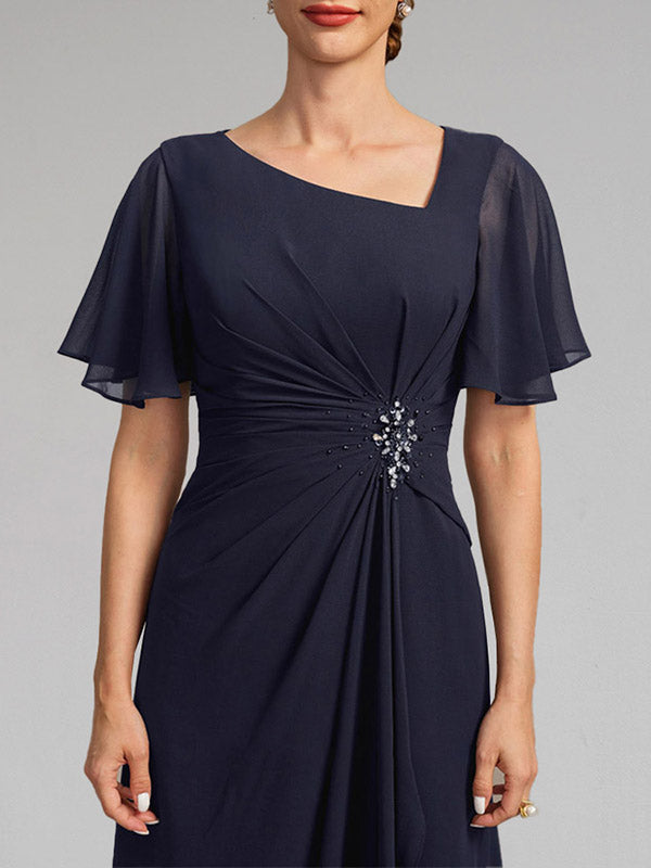 A-Linie, asymmetrisch, bodenlang, Chiffon, Kleid für die Brautmutter mit plissierten Perlen und Pailletten