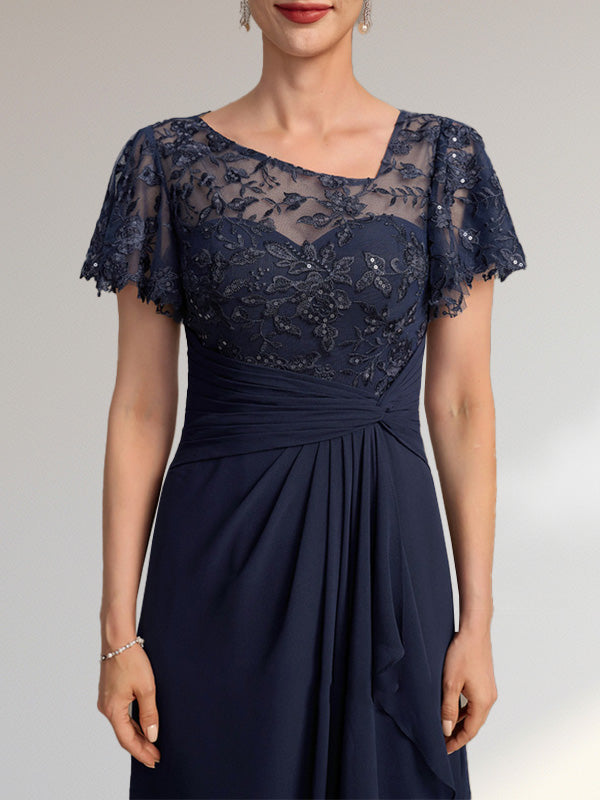 A-Linie, asymmetrisch, Illusion, bodenlang, Spitzen-Chiffon, Kleid für die Brautmutter mit kaskadierenden Rüschen und Pailletten