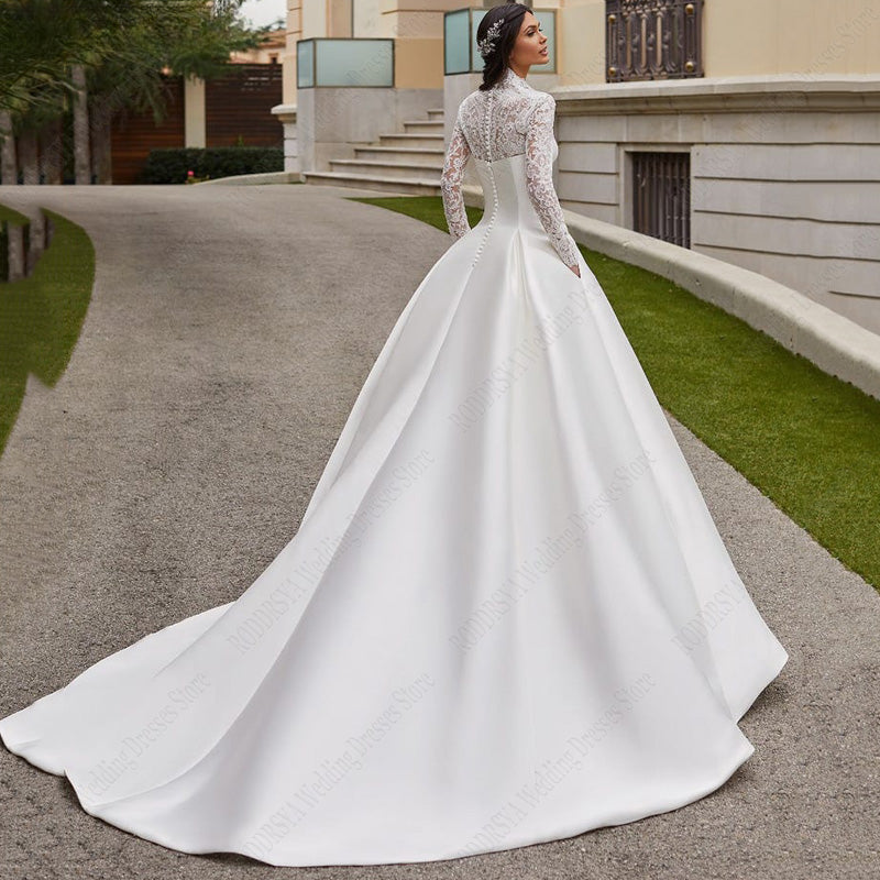 Satin Lace Ball Gowns For Bridal Appliques Full Sleeves Wedding Dresses Vestidos De Noiva Mariage Princess Custom Made-payinti