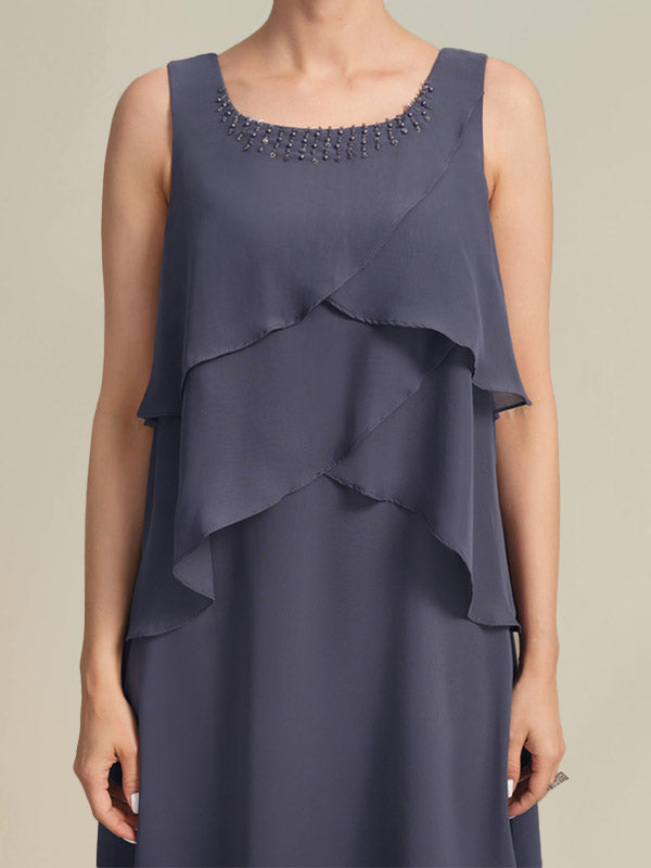 Vestido de gasa para madre de la novia con escote en A y escote redondo hasta la rodilla con cuentas