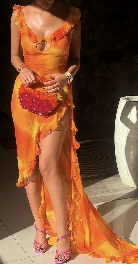 Vestido de fiesta largo de gasa con volantes y abertura, único, Y7497