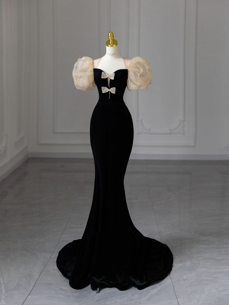 Burgunderrotes Meerjungfrau-Abendkleid aus Samt mit Puffärmeln und Schleife, elegantes Abendkleid Y7674