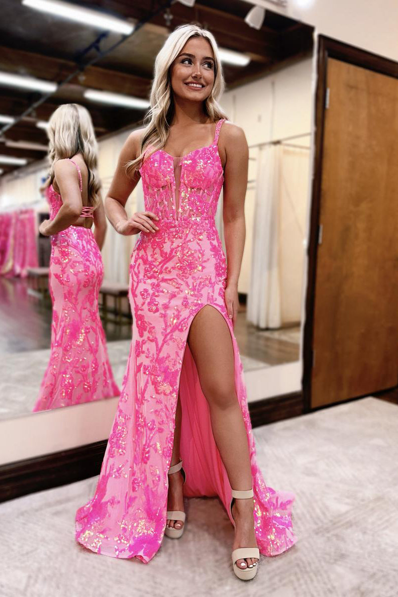 Sweetheart Sequins Lace Mermaid Prom Dresses with Slit