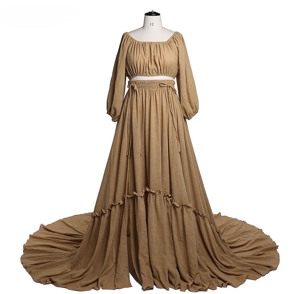 Schulterfreies zweiteiliges Kleid, Strand-Umstandskleider, lange Ärmel, Fotografie-Kleid, Babyparty-Kleid, SY211203