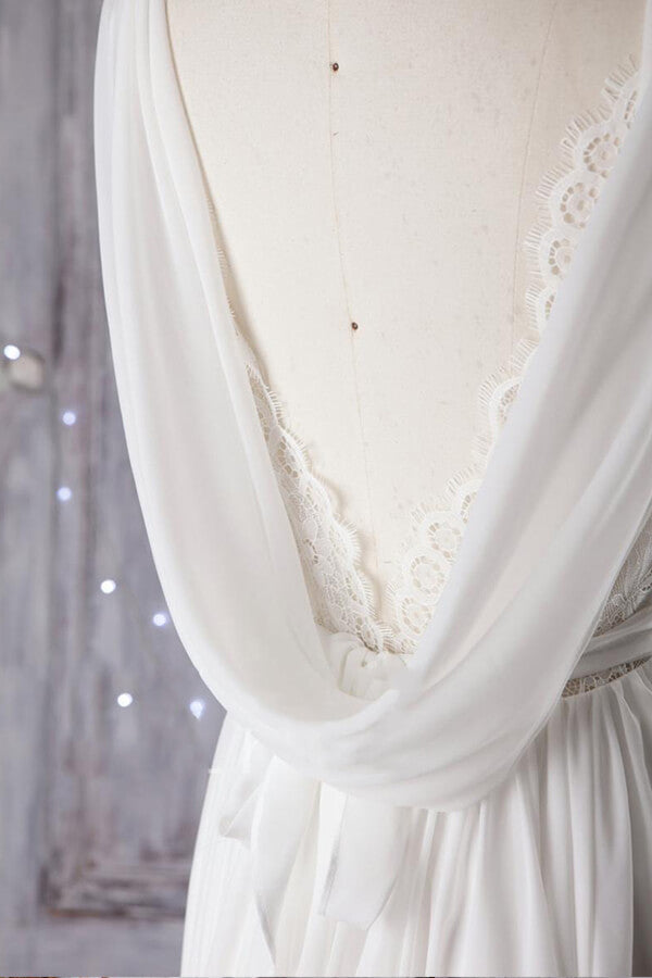 Vestido de novia asequible de gasa con encaje asimétrico y espalda abierta