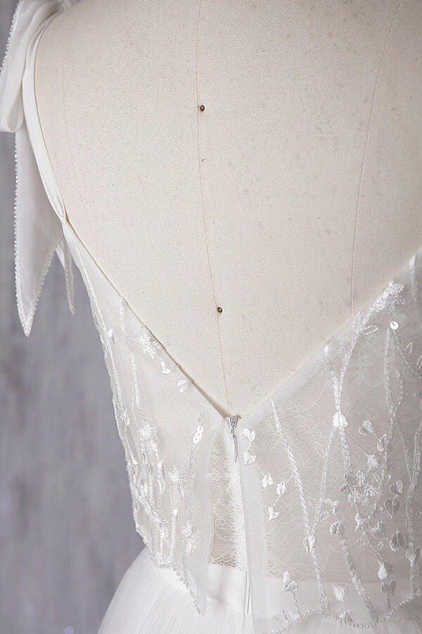 Vestido de novia asequible, largo, corte A, escote en forma de corazón, tul, encaje y espalda descubierta