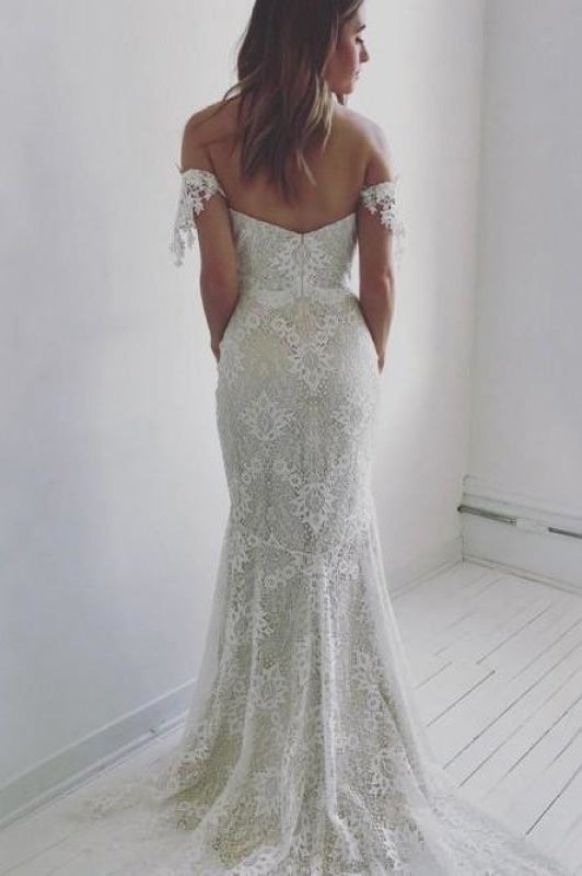 Vestidos de novia elegantes, largos y asequibles con corte sirena y hombros descubiertos