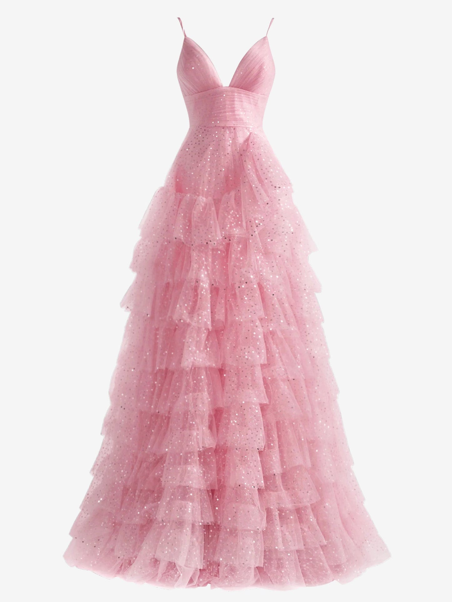 Alianna | Hellrosa A-Linien-Ballkleid aus Tüll mit gestuften Spaghettiträgern