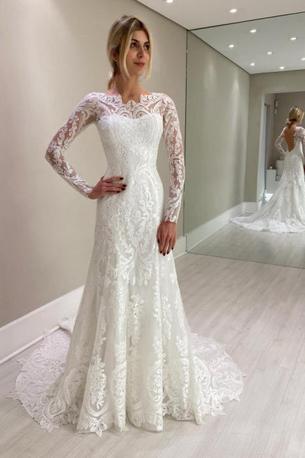 Amazing Column Lace Long Sleeve White Wedding Dresses With Appliques