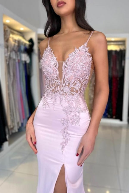 Impresionantes vestidos de fiesta de satén con encaje, escote en V, sin mangas y abertura frontal