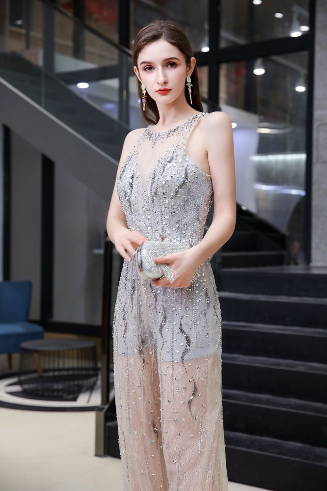 Mono de fiesta sin mangas con cuello alto transparente e ilusión increíble