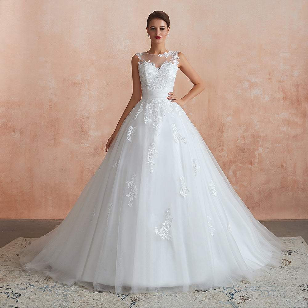 Increíble vestido de novia largo de tul con apliques de encaje y corte A