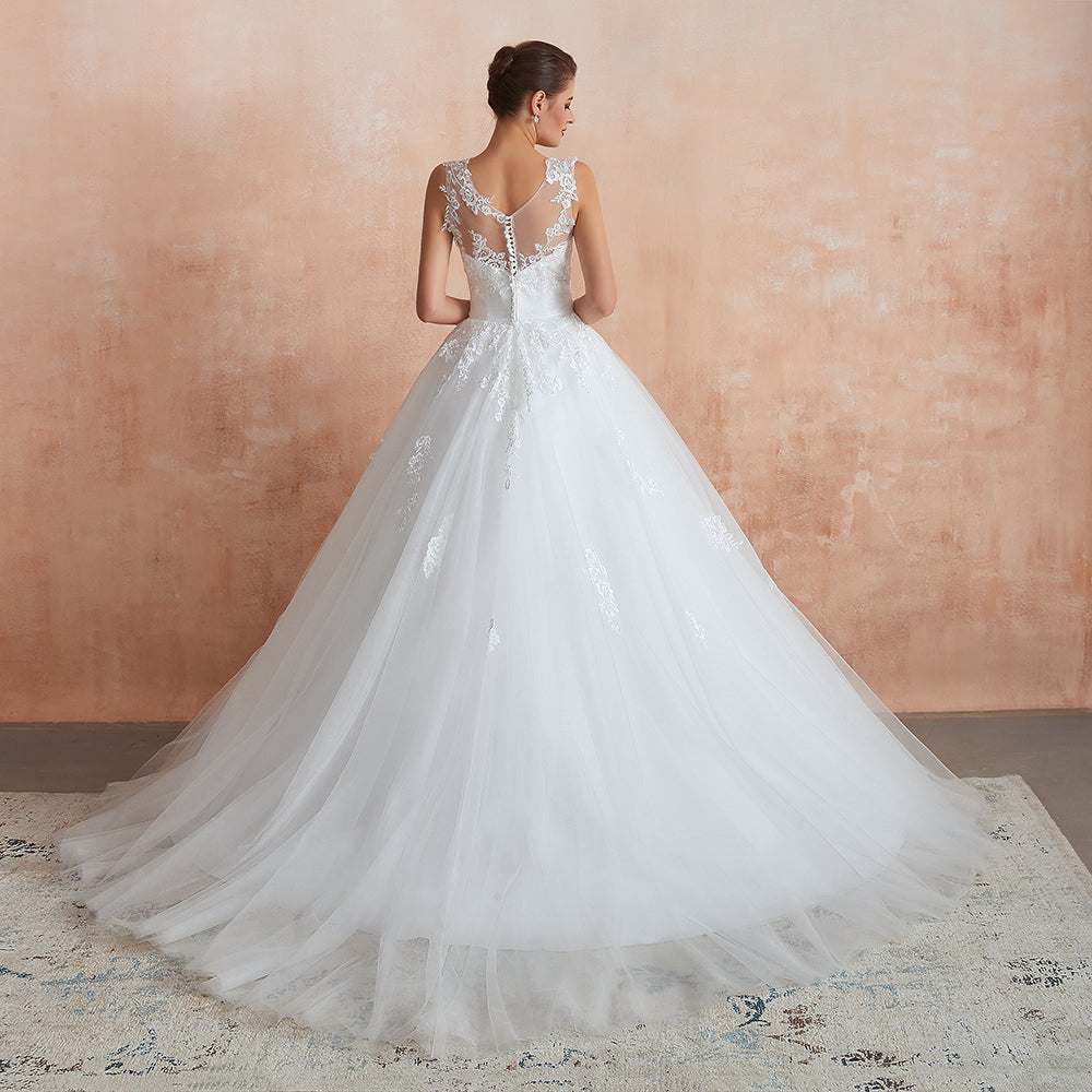 Increíble vestido de novia largo de tul con apliques de encaje y corte A