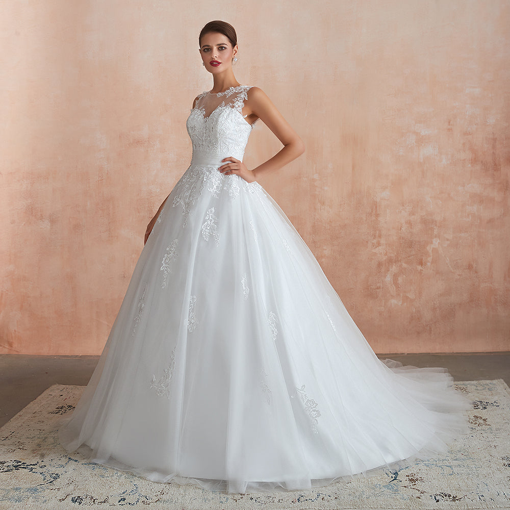 Increíble vestido de novia largo de tul con apliques de encaje y corte A