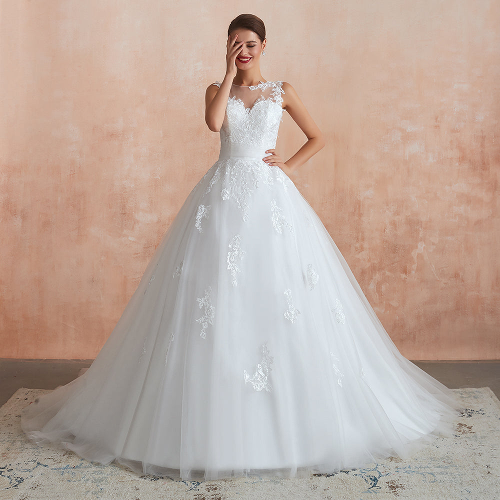 Increíble vestido de novia largo de tul con apliques de encaje y corte A
