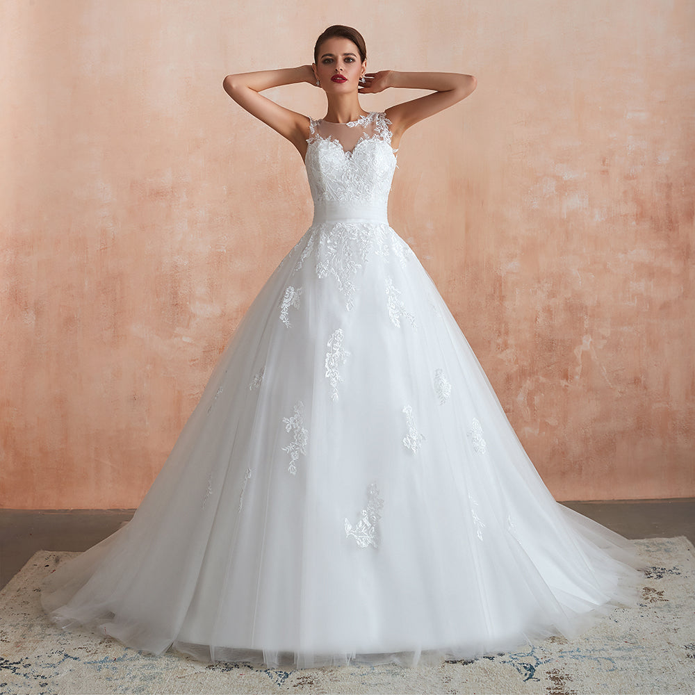 Increíble vestido de novia largo de tul con apliques de encaje y corte A