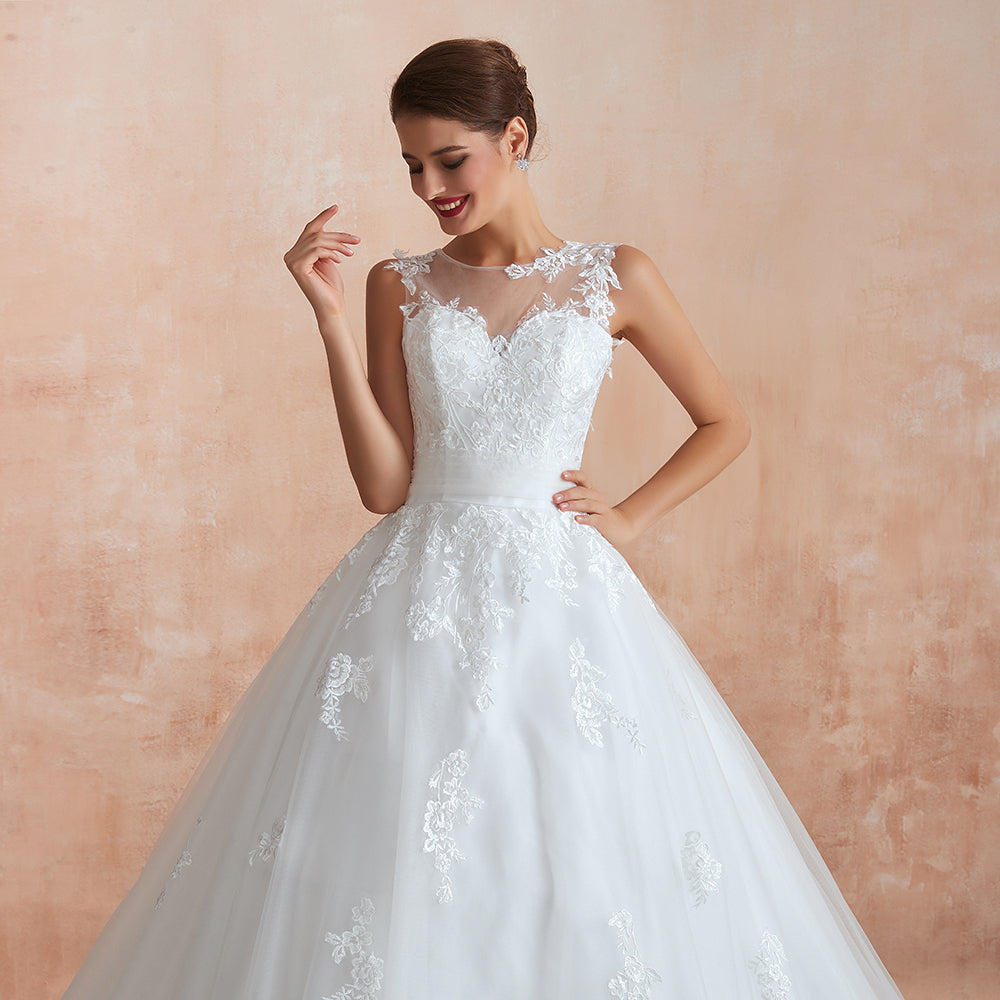 Increíble vestido de novia largo de tul con apliques de encaje y corte A
