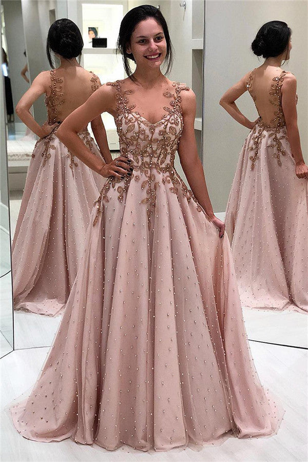 Increíble vestido formal de noche largo en forma de A con espalda descubierta y cuentas
