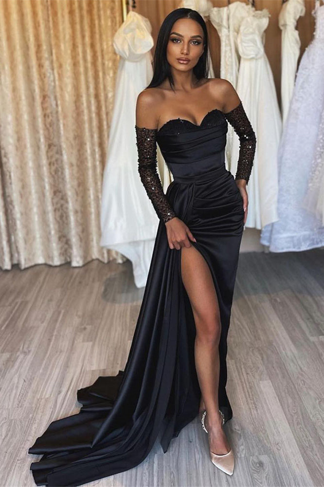 Erstaunliches langes schwarzes Meerjungfrau-Ballkleid mit Schlitz vorne und Pailletten