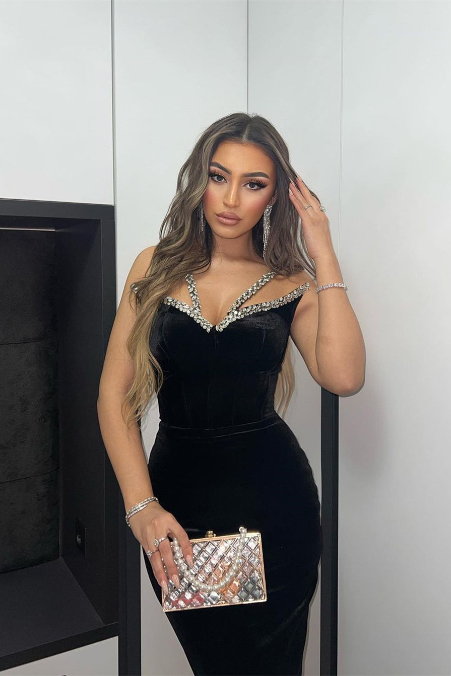 Increíble vestido de fiesta largo negro sin mangas de terciopelo estilo sirena con cristales