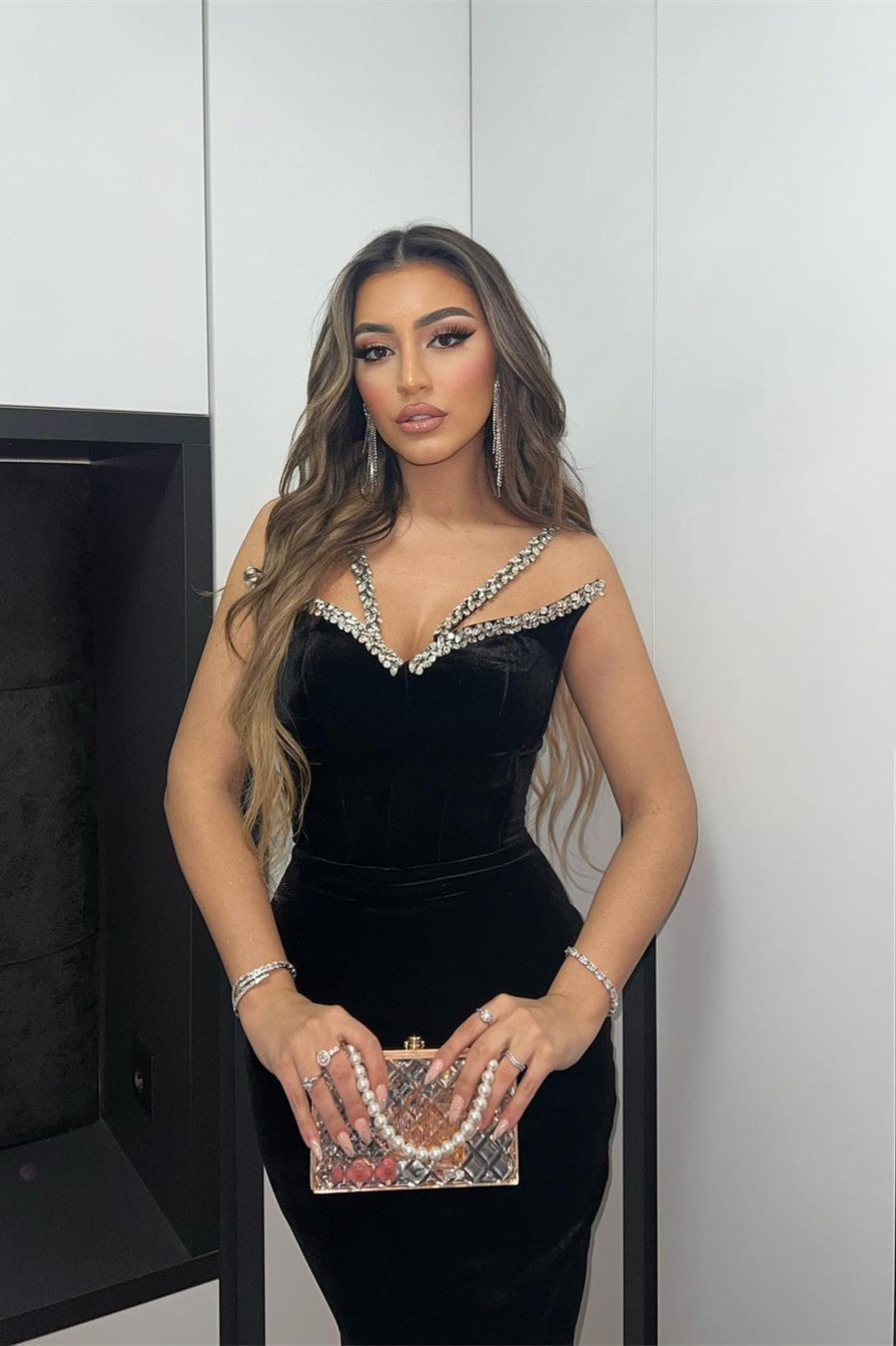 Increíble vestido de fiesta largo negro sin mangas de terciopelo estilo sirena con cristales