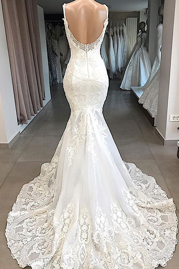 Increíble vestido de novia largo de sirena con apliques de tul y espalda descubierta