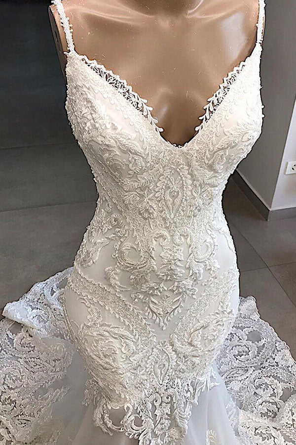 Increíble vestido de novia largo de sirena con apliques de tul y espalda descubierta