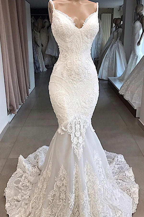 Increíble vestido de novia largo de sirena con apliques de tul y espalda descubierta