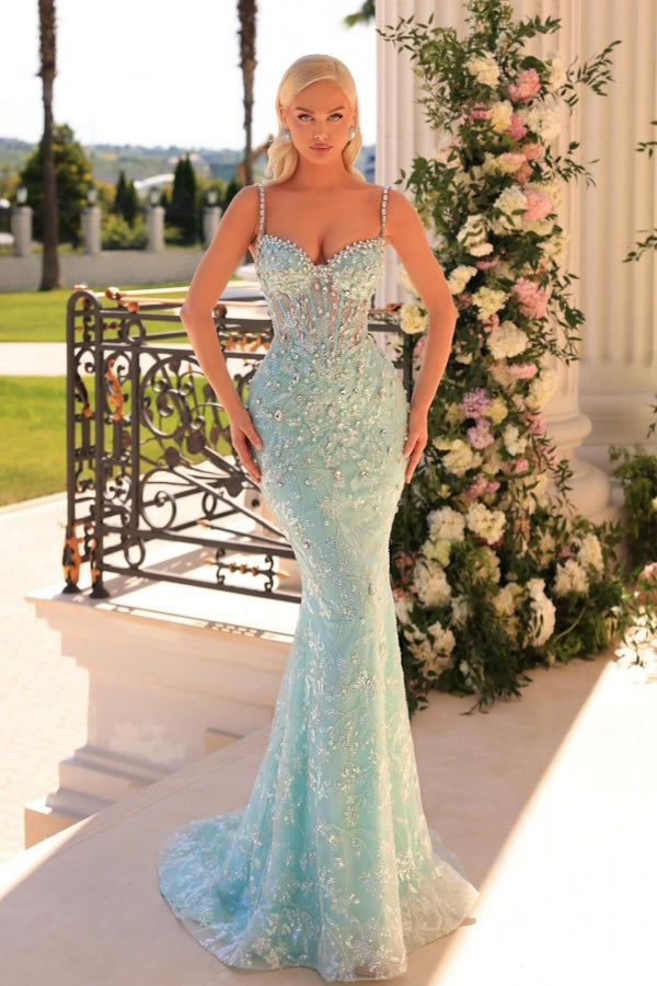 Increíble vestido de fiesta largo de sirena con tirantes finos, encaje y cuentas, sin mangas