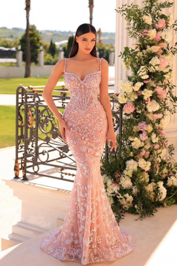 Increíble vestido de fiesta largo de sirena con tirantes finos, encaje y cuentas, sin mangas
