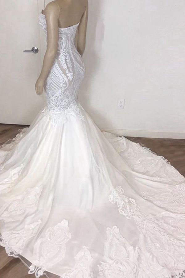 Increíble vestido de novia largo de sirena sin tirantes con apliques de encaje