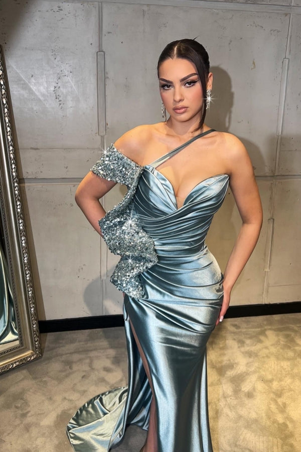 Increíble vestido de fiesta largo rojo de sirena con lentejuelas y un hombro con abertura