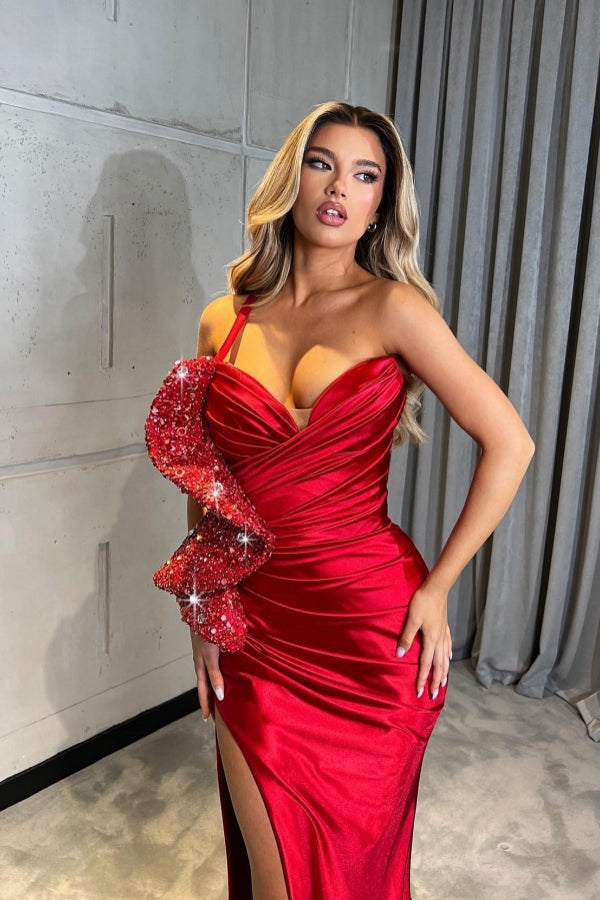 Increíble vestido de fiesta largo rojo de sirena con lentejuelas y un hombro con abertura