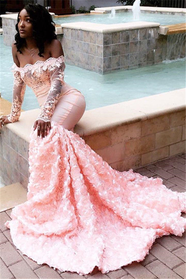 Erstaunliches rosa schulterfreies Meerjungfrau-Ballkleid mit Applikationen
