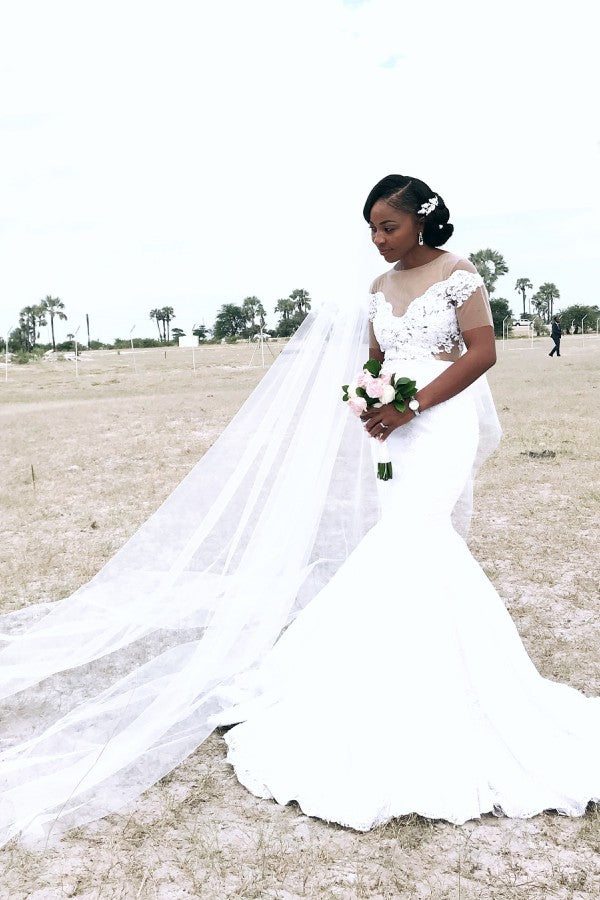 Vestido de novia de sirena con apliques de tul transparente y plisado