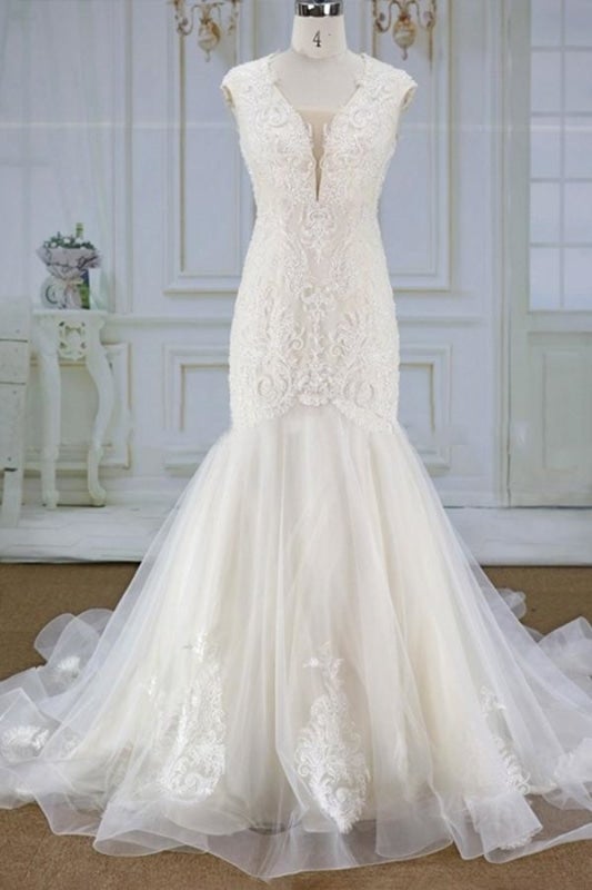 Impresionantes apliques de tul con corte sirena para vestidos de novia elegantes
