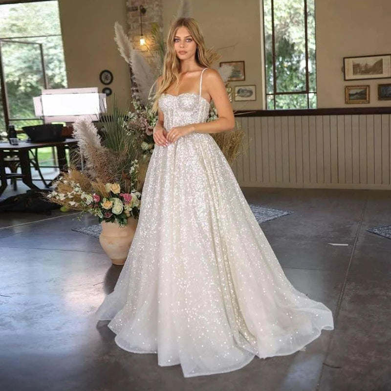 Bohemian Wedding Gowns A-Line Women's Sweetheart Bridal Dresses Sexy Sleeveless Sparkling Tulle Robe Vestidos Fiesta فستان-payinti
