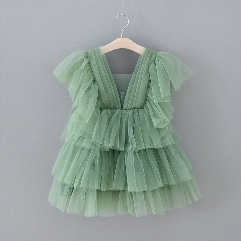Vestido elegante de tul verde para niña de las flores con diseño de hada del jardín encantado