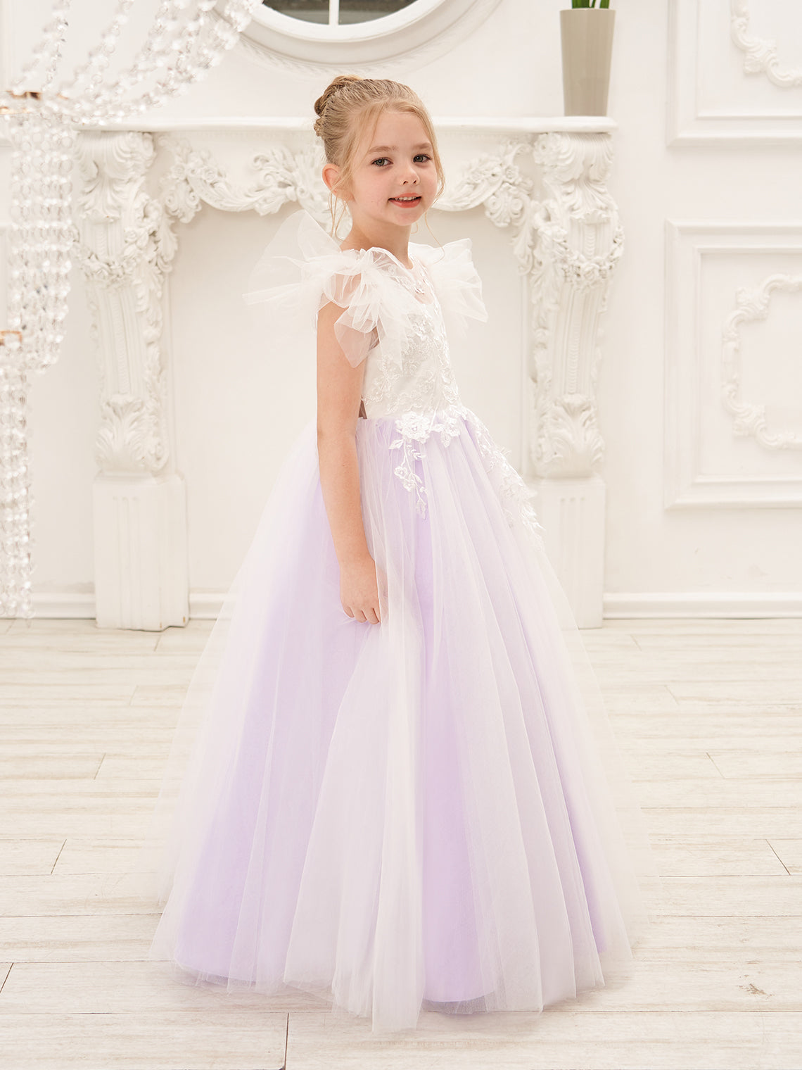 Detachable Lace Tulle Sweep Train Flower Girl Dress
