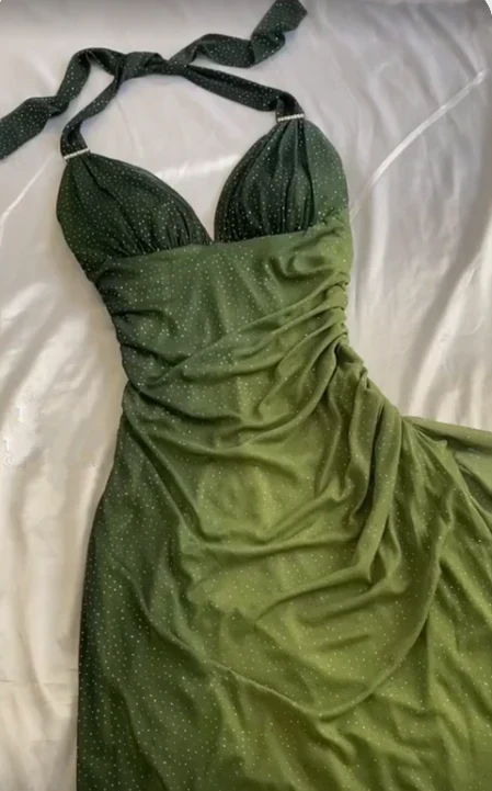 Sexy Neckholder Ombre Grün V-Ausschnitt Chiffon Langes Ballkleid Party Abendkleid Y7484