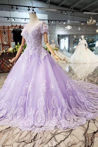 Vestidos de fiesta de manga corta color lila con encaje PM244
