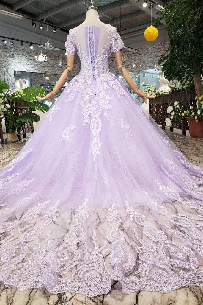Vestidos de fiesta de manga corta color lila con encaje PM244