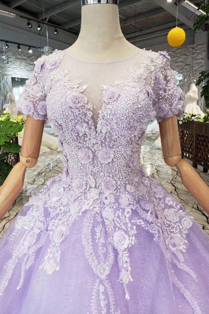 Vestidos de fiesta de manga corta color lila con encaje PM244