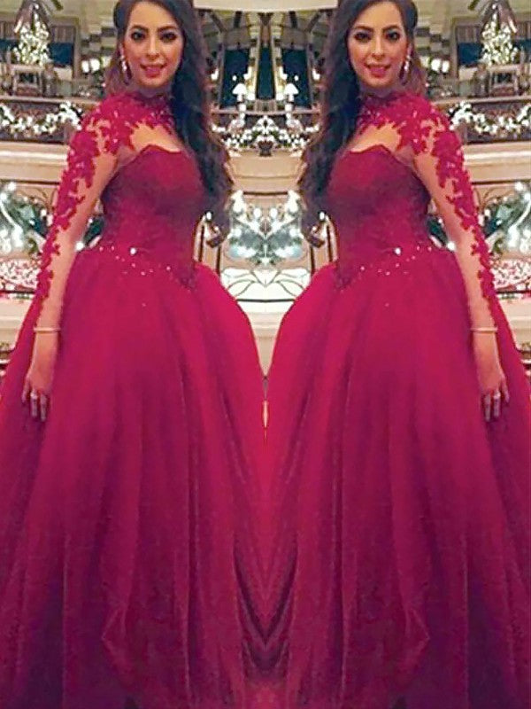 Vestidos de fiesta de tul con mangas largas, cuello alto y apliques hasta el suelo