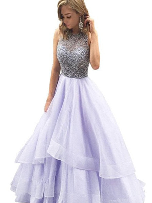 Vestidos de fiesta de organza con cuentas, sin mangas y escote redondo hasta el suelo